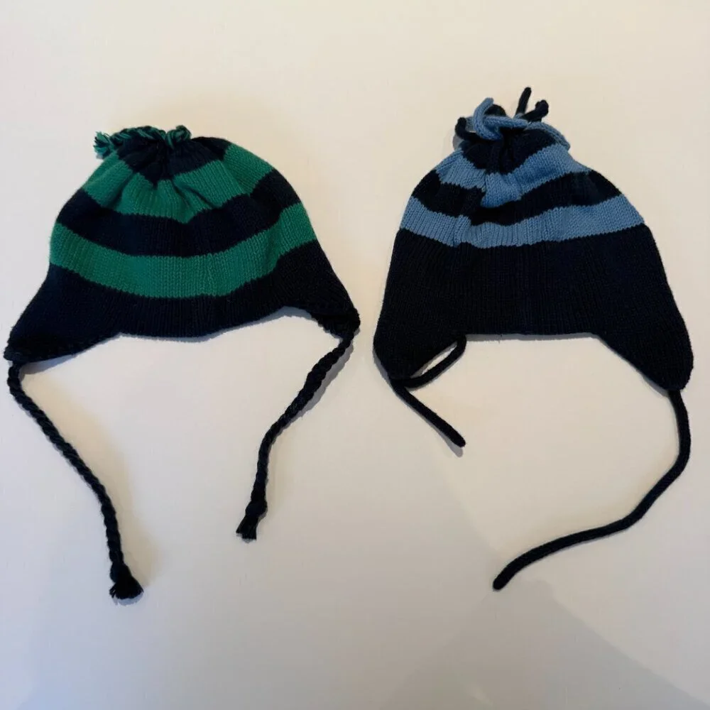 Set of 2 Navy Blue, Light Blue & Green Striped Cotton Knit Baby Kids Earflap Hat